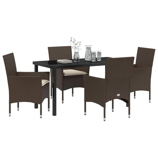 5-teiliges Garten Esstisch Set mit Kissen Braunes Poly-Rattan, Gartentisch Schwarz 140x80x73 cm Einscheibensicherheitsglas