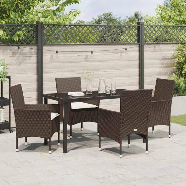 5-teiliges Garten Esstisch Set mit Kissen Braunes Poly-Rattan, Gartentisch Schwarz 140x80x73 cm Einscheibensicherheitsglas