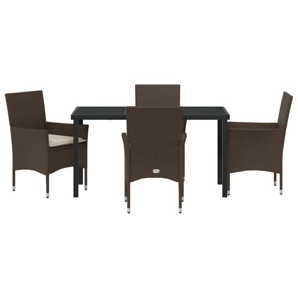 5-teiliges Garten Esstisch Set mit Kissen Braunes Poly-Rattan, Gartentisch Schwarz 140x80x73 cm Einscheibensicherheitsglas