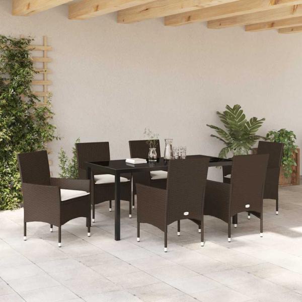 7-teilige Garten Essgruppe mit Kissen in braunem Poly-Rattan, Gartentisch in Schwarz 160x80x73 cm mit Temperglas