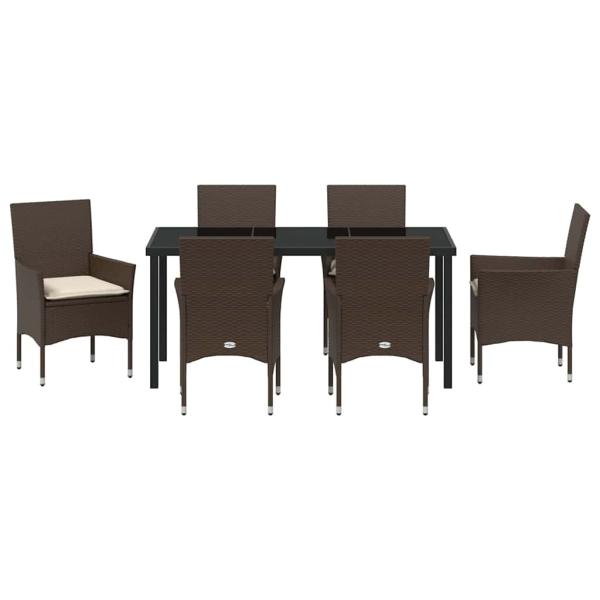 7-teilige Garten Essgruppe mit Kissen in braunem Poly-Rattan, Gartentisch in Schwarz 160x80x73 cm mit Temperglas