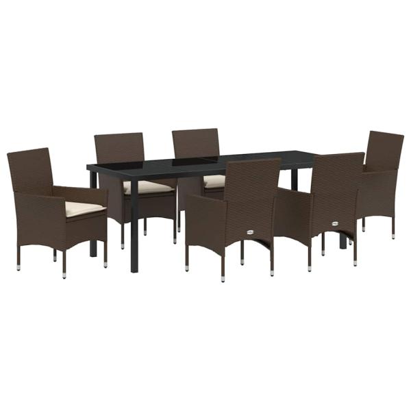 7-teiliges Garten-Esszimmer Set mit Kissen aus braunem Poly-Rattan, Gartentisch Schwarz 200x80x73 cm mit Sicherheitsglas