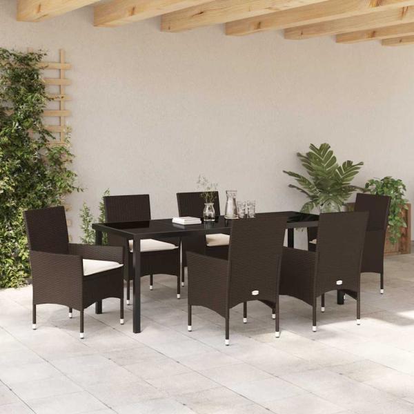 7-teiliges Garten-Esszimmer Set mit Kissen aus braunem Poly-Rattan, Gartentisch Schwarz 200x80x73 cm mit Sicherheitsglas