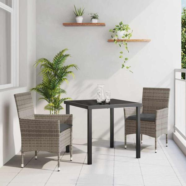 ARDEBO.de - 3-teilige Garten Essgruppe mit Kissen Graues Poly-Rattan, Gartentisch Schwarz 80x80x73 cm Tempered Glass