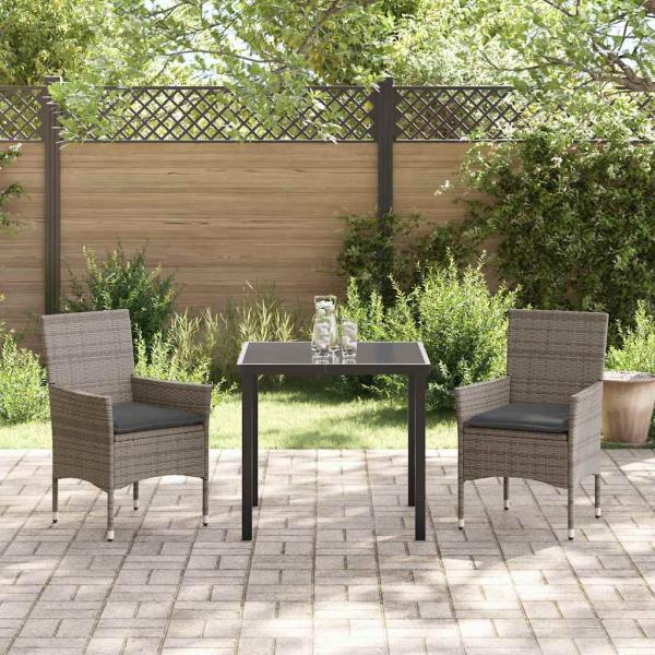 3-teilige Garten Essgruppe mit Kissen Graues Poly-Rattan, Gartentisch Schwarz 80x80x73 cm Tempered Glass