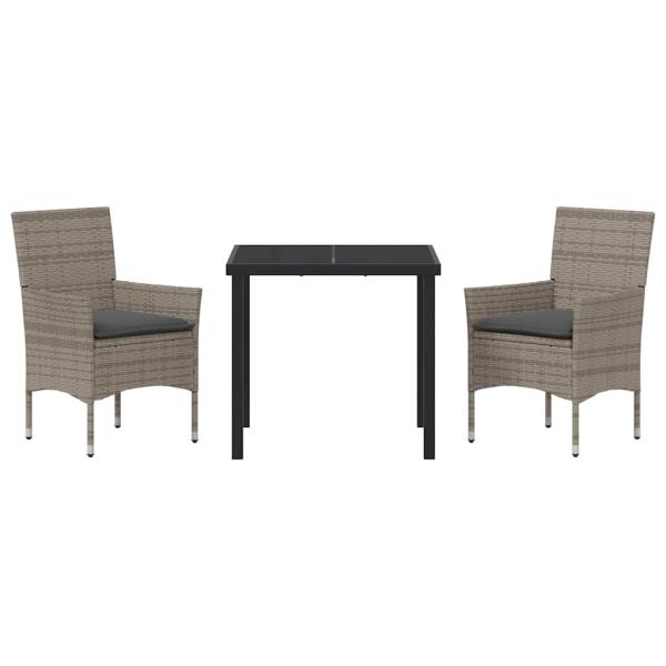 3-teilige Garten Essgruppe mit Kissen Graues Poly-Rattan, Gartentisch Schwarz 80x80x73 cm Tempered Glass