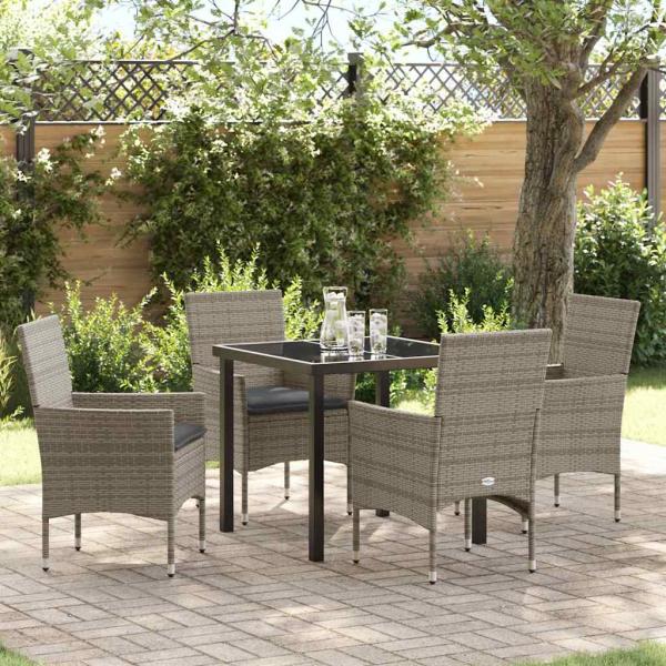 ARDEBO.de - 5-teiliges Garten-Essset mit Kissen Grau Poly Rattan, Gartentisch Schwarz 80x80x73 cm Tempered Glass