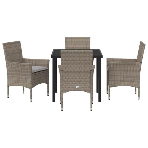 5-teiliges Garten-Essset mit Kissen Grau Poly Rattan, Gartentisch Schwarz 80x80x73 cm Tempered Glass