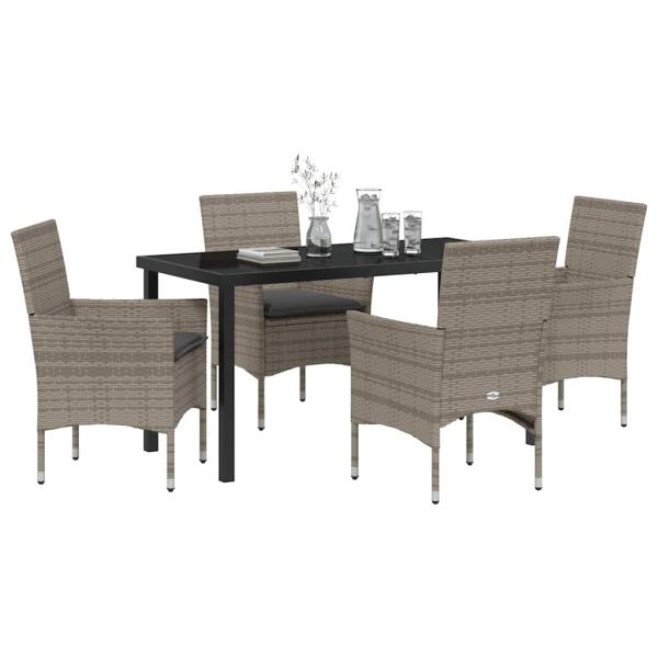 5-teiliges Garten-Esszimmer-Set mit Kissen aus grauem Poly-Rattan, Gartentisch Schwarz 140x80x73 cm mit Sicherheitsglas