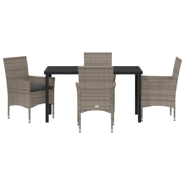 5-teiliges Garten-Esszimmer-Set mit Kissen aus grauem Poly-Rattan, Gartentisch Schwarz 140x80x73 cm mit Sicherheitsglas
