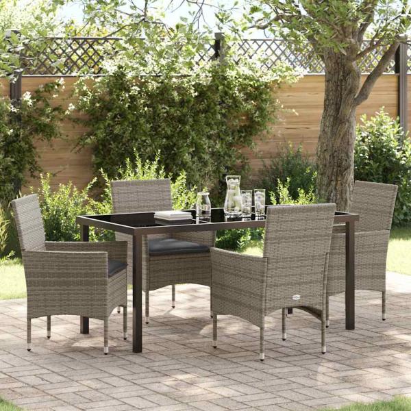 ARDEBO.de - 5-teilige Garten Essgruppe mit Kissen Graues Poly-Rattan, Gartentisch Schwarz 160x80x73 cm Sicherheitsglas