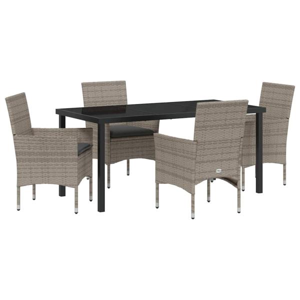 5-teilige Garten Essgruppe mit Kissen Graues Poly-Rattan, Gartentisch Schwarz 160x80x73 cm Sicherheitsglas