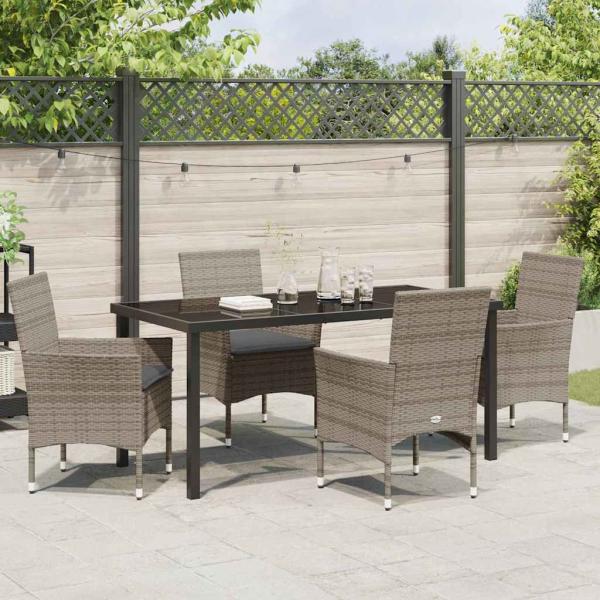 5-teilige Garten Essgruppe mit Kissen Graues Poly-Rattan, Gartentisch Schwarz 160x80x73 cm Sicherheitsglas