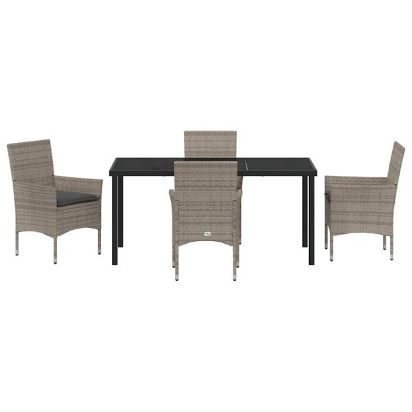 5-teilige Garten Essgruppe mit Kissen Graues Poly-Rattan, Gartentisch Schwarz 160x80x73 cm Sicherheitsglas