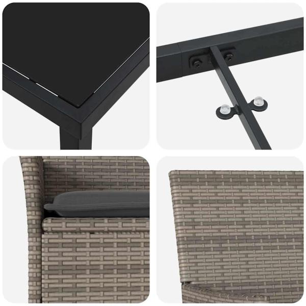 5-teilige Garten Essgruppe mit Kissen Graues Poly-Rattan, Gartentisch Schwarz 160x80x73 cm Sicherheitsglas