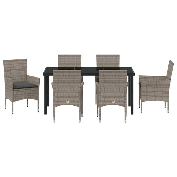 7-teiliges Garten-Essen-Set mit Kissen Grau Poly-Rattan, Gartentisch Schwarz 160x80x73 cm Sicherheitsglas