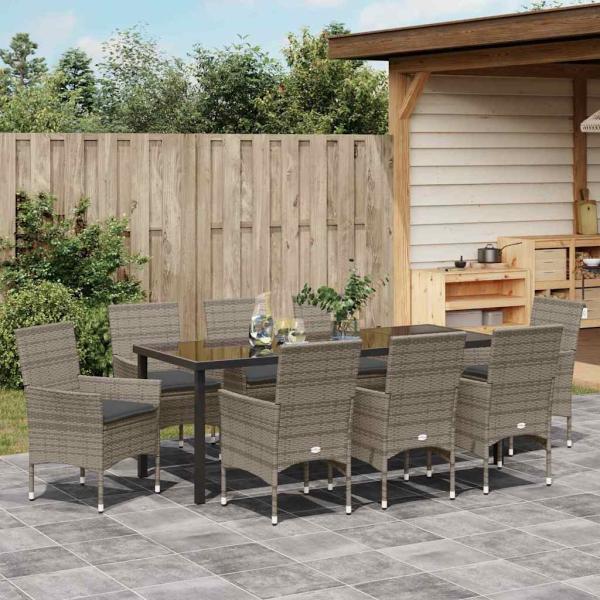 Garten Essgruppe 9 stk. Grau Poly-Rattan
