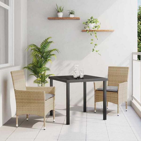 ARDEBO.de - 3-Teiliges Garten Essset mit Kissen Beige Poly-Rattan, Gartentisch Schwarz 80x80x73 cm Sicherheitsglas