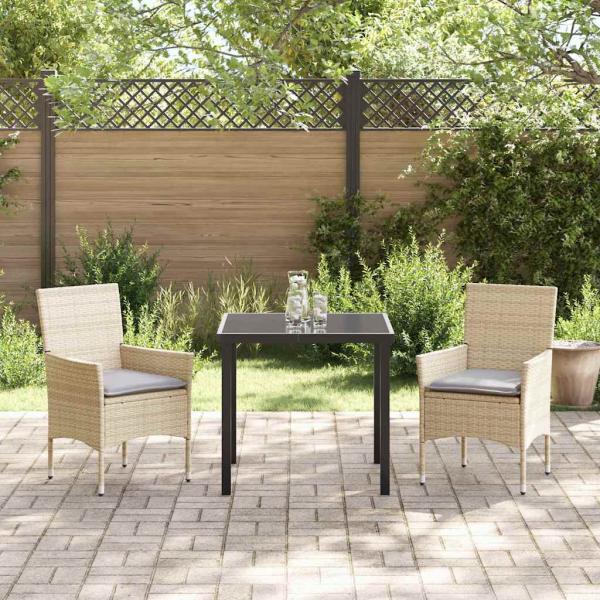 3-Teiliges Garten Essset mit Kissen Beige Poly-Rattan, Gartentisch Schwarz 80x80x73 cm Sicherheitsglas
