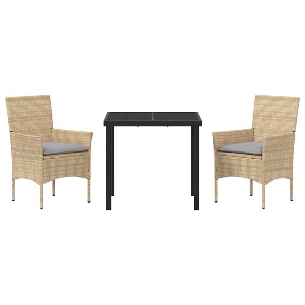 3-Teiliges Garten Essset mit Kissen Beige Poly-Rattan, Gartentisch Schwarz 80x80x73 cm Sicherheitsglas