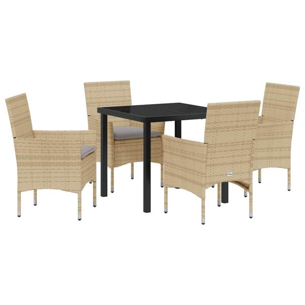 5-teilige Garten Essgruppe mit Kissen Beige Poly Rattan, Gartentisch Schwarz 80x80x73 cm Tempered Glass