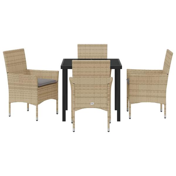 5-teilige Garten Essgruppe mit Kissen Beige Poly Rattan, Gartentisch Schwarz 80x80x73 cm Tempered Glass