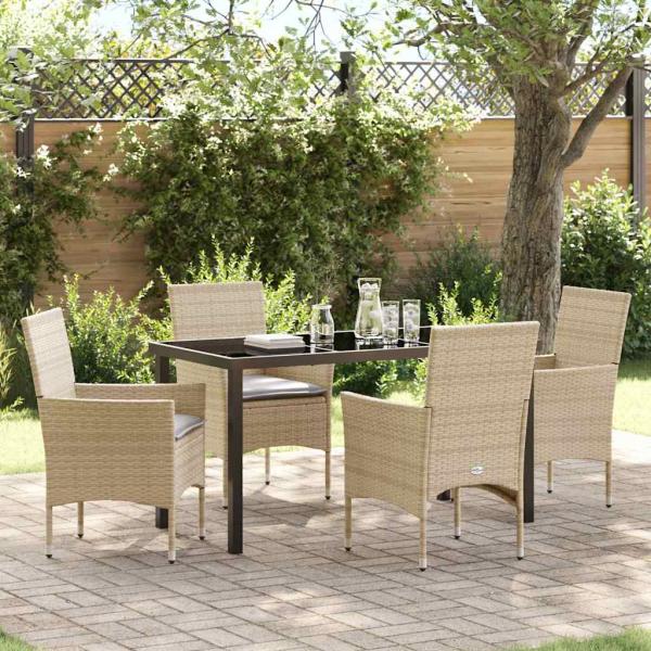 ARDEBO.de - 5-teiliges Garten-Essset mit Kissen Beige Poly Rattan, Gartentisch Schwarz 140x80x73 cm Sicherheitsglas