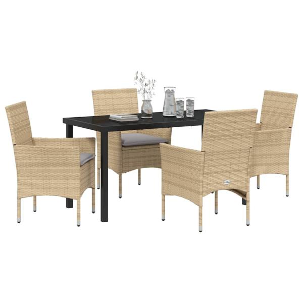 5-teiliges Garten-Essset mit Kissen Beige Poly Rattan, Gartentisch Schwarz 140x80x73 cm Sicherheitsglas