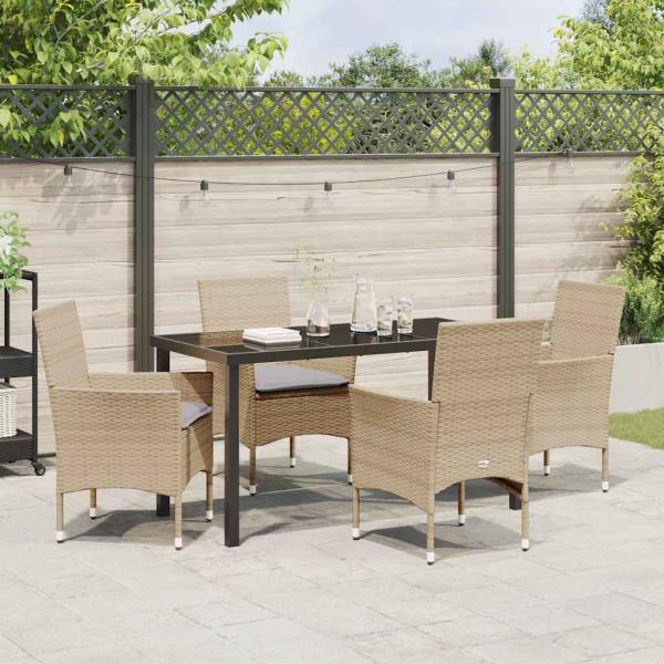 5-teiliges Garten-Essset mit Kissen Beige Poly Rattan, Gartentisch Schwarz 140x80x73 cm Sicherheitsglas