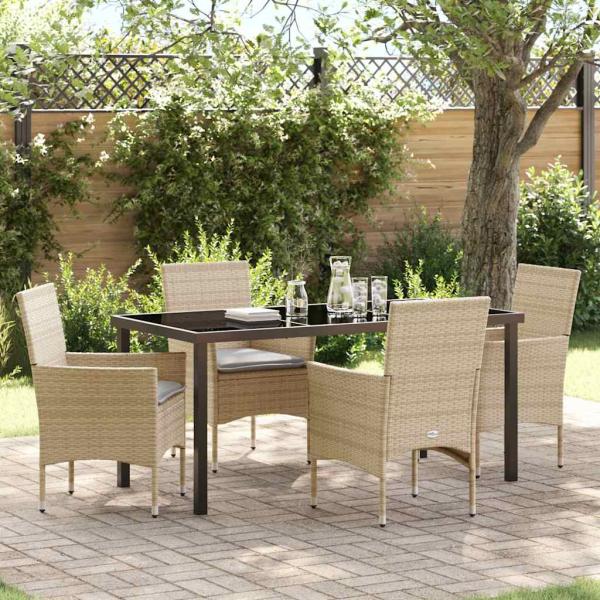 ARDEBO.de - 5-teiliges Garten-Essgruppe mit Kissen Beige Poly Rattan, Gartentisch Schwarz 160x80x73 cm Gehärtetes Glas