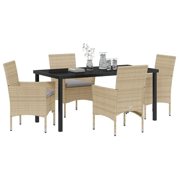 5-teiliges Garten-Essgruppe mit Kissen Beige Poly Rattan, Gartentisch Schwarz 160x80x73 cm Gehärtetes Glas