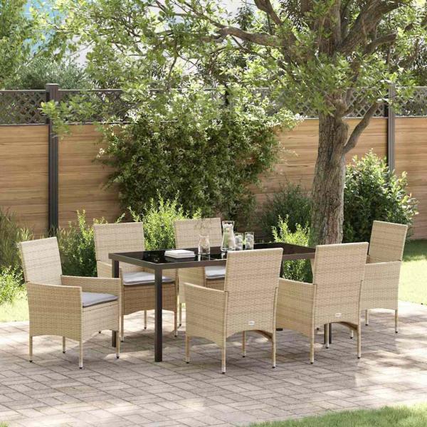 ARDEBO.de - 7-teiliges Garten Essgruppe mit Kissen Beige Poly Rattan, Gartentisch Schwarz 160x80x73 cm Tempered Glass