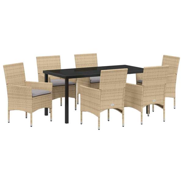 7-teiliges Garten Essgruppe mit Kissen Beige Poly Rattan, Gartentisch Schwarz 160x80x73 cm Tempered Glass