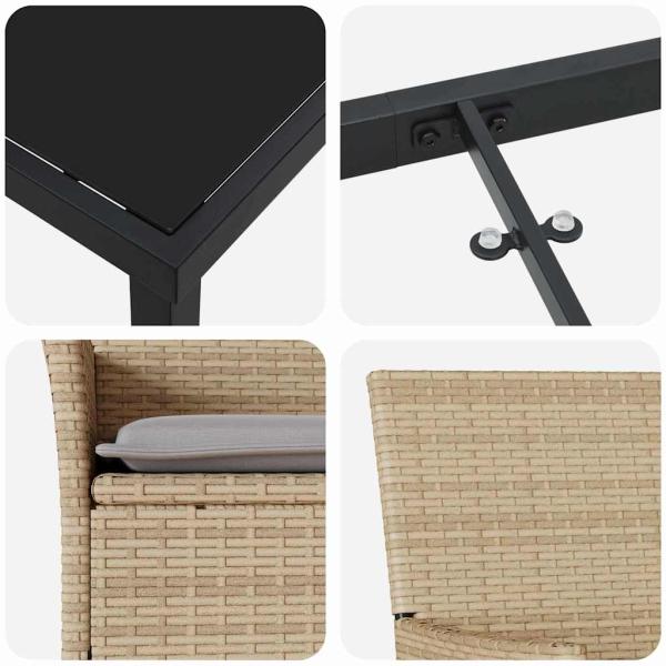 7-teiliges Garten Essgruppe mit Kissen Beige Poly Rattan, Gartentisch Schwarz 160x80x73 cm Tempered Glass