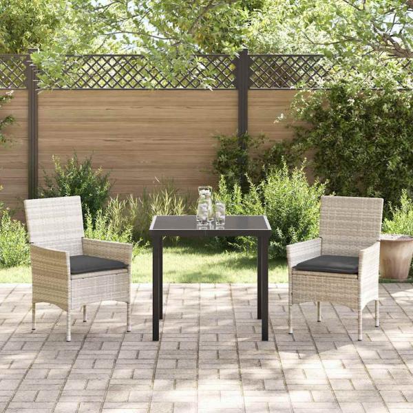 3-teiliges Garten-Essset mit Kissen Lichtgrau Poly-Rattan, Gartentisch Schwarz 80x80x73 cm mit Sicherheitsglas