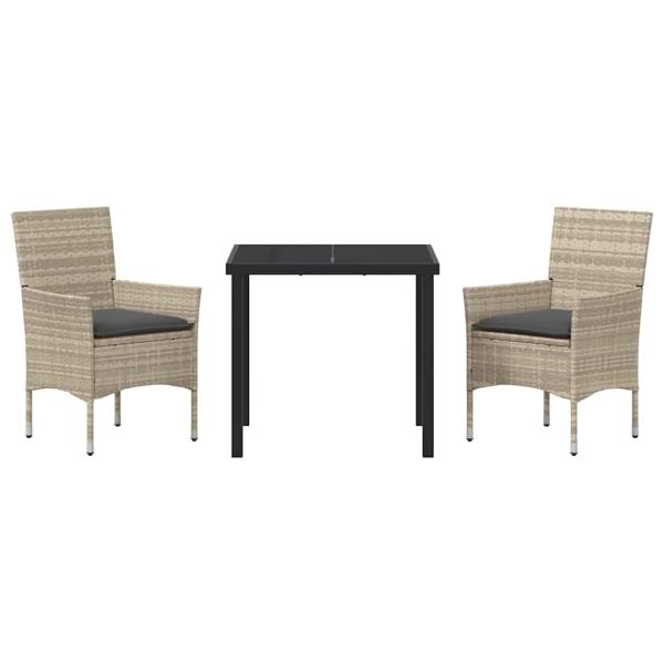 3-teiliges Garten-Essset mit Kissen Lichtgrau Poly-Rattan, Gartentisch Schwarz 80x80x73 cm mit Sicherheitsglas