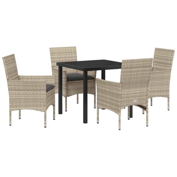 5-teilige Garten Essgruppe mit Kissen Hellgraue Poly Rattan, Gartentisch Schwarz 80x80x73 cm Tempered Glass