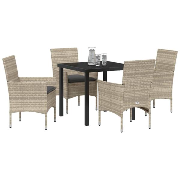 5-teilige Garten Essgruppe mit Kissen Hellgraue Poly Rattan, Gartentisch Schwarz 80x80x73 cm Tempered Glass