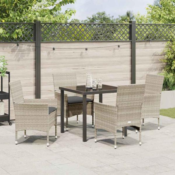 5-teilige Garten Essgruppe mit Kissen Hellgraue Poly Rattan, Gartentisch Schwarz 80x80x73 cm Tempered Glass