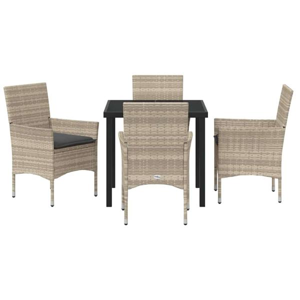 5-teilige Garten Essgruppe mit Kissen Hellgraue Poly Rattan, Gartentisch Schwarz 80x80x73 cm Tempered Glass