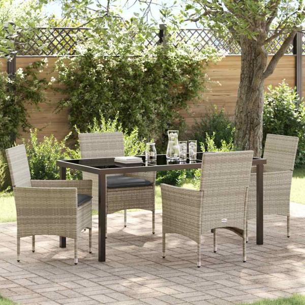 ARDEBO.de - 5-teiliges Garten Ess-Set mit Kissen in Hellgrau - Poly-Rattan, Gartentisch in Schwarz 160x80x73 cm mit Sicherheitsglas