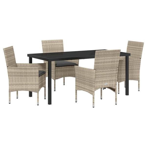 5-teiliges Garten Ess-Set mit Kissen in Hellgrau - Poly-Rattan, Gartentisch in Schwarz 160x80x73 cm mit Sicherheitsglas