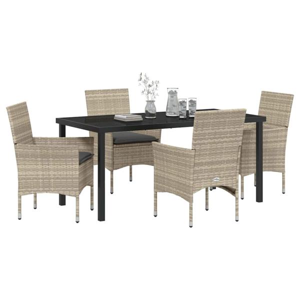 5-teiliges Garten Ess-Set mit Kissen in Hellgrau - Poly-Rattan, Gartentisch in Schwarz 160x80x73 cm mit Sicherheitsglas