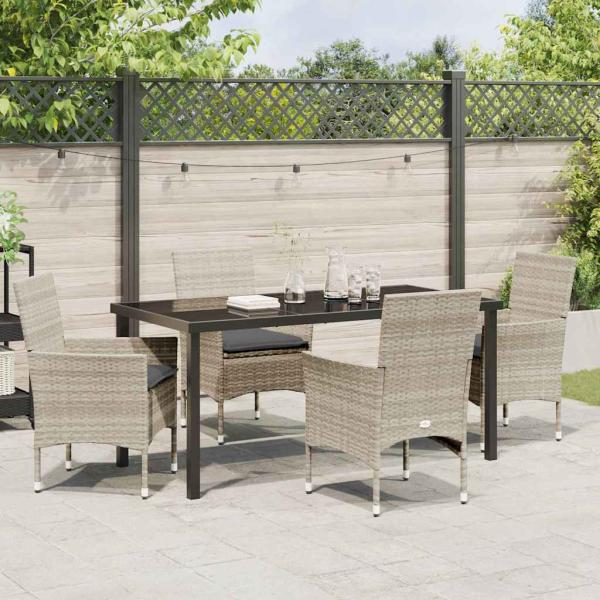 5-teiliges Garten Ess-Set mit Kissen in Hellgrau - Poly-Rattan, Gartentisch in Schwarz 160x80x73 cm mit Sicherheitsglas