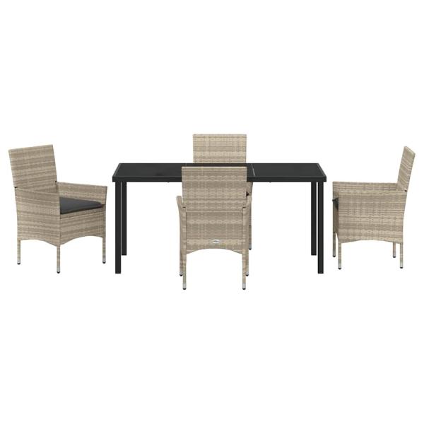 5-teiliges Garten Ess-Set mit Kissen in Hellgrau - Poly-Rattan, Gartentisch in Schwarz 160x80x73 cm mit Sicherheitsglas