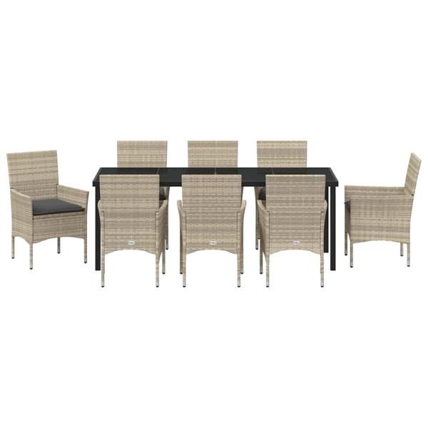 9 Teile Garten Essgruppe mit Kissen Hellgrau Poly Rattan, Gartentisch Schwarz 200x80x73 cm Sicherheitsglas