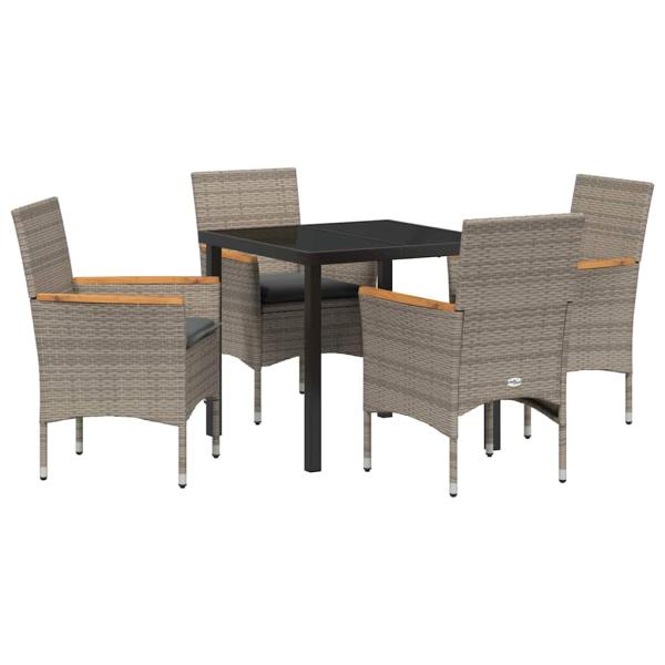 5-teiliges Garten Essen Set mit Kissen Grau Poly-Rattan, Gartentisch Schwarz 80x80x73 cm Sicherheitsglas