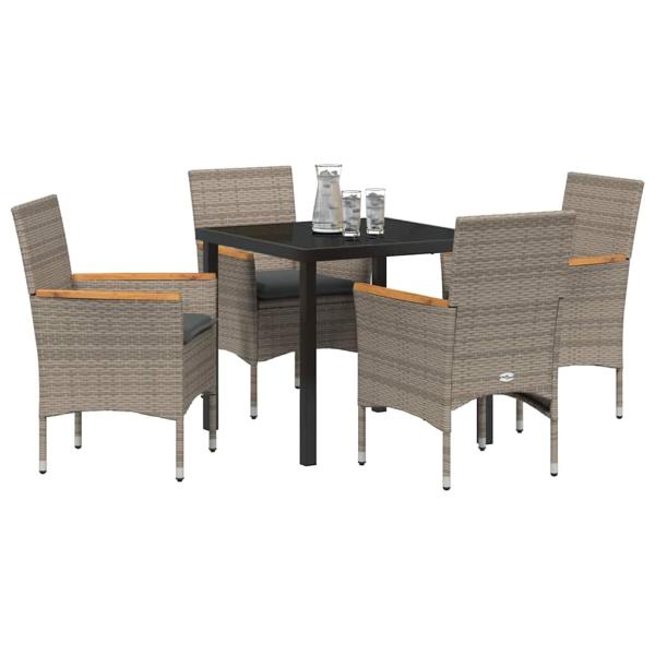 5-teiliges Garten Essen Set mit Kissen Grau Poly-Rattan, Gartentisch Schwarz 80x80x73 cm Sicherheitsglas