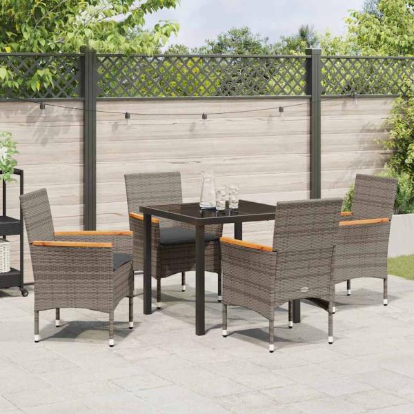 5-teiliges Garten Essen Set mit Kissen Grau Poly-Rattan, Gartentisch Schwarz 80x80x73 cm Sicherheitsglas