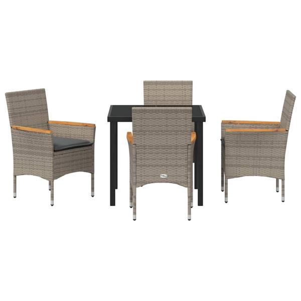5-teiliges Garten Essen Set mit Kissen Grau Poly-Rattan, Gartentisch Schwarz 80x80x73 cm Sicherheitsglas